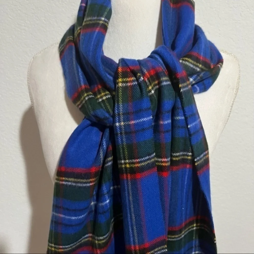 Blue Plaid Tartan Fleece Scarf Extra Long Tassels Fringe Unisex